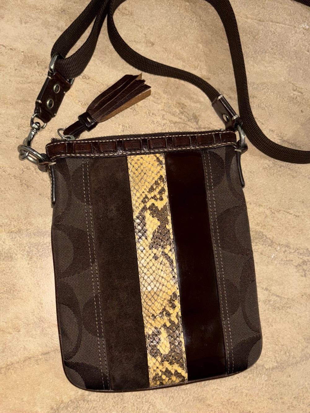 Coach VINTAGE Dark Brown Crossbody with Snake-Print suede & leather Stripe 2006 - Picture 2 of 11